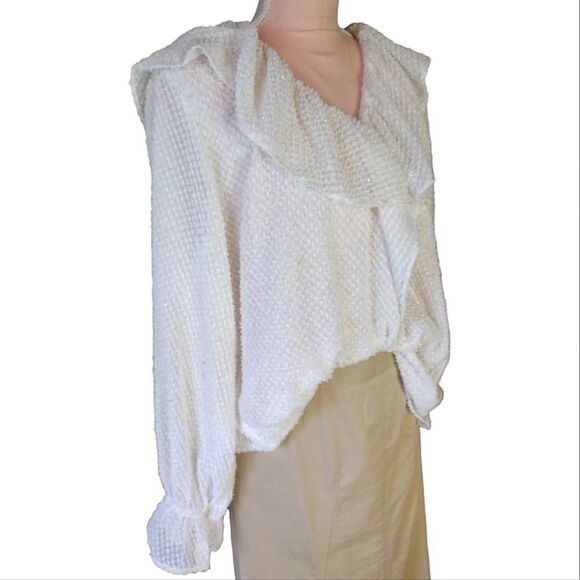 LOFT Ivory Gold Long Sleeve Metallic Swiss Dot Juliet Blouse Size XL - Picture 10 of 16